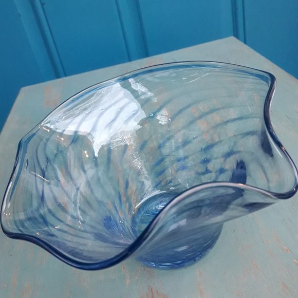 Murano Glass Art Bowl Bubbles Swirls of Blue Glass Clear Signed by Artist italy - Picture 15 of 16